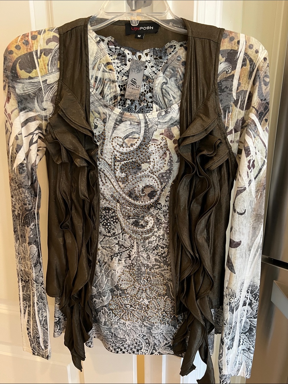 Posh Olive Ruffle-Front Layered vest with separate shirt